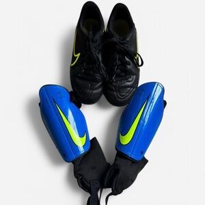 Youth Nike Tempo Soccer Cleats and Black and Blue Soccer Shin Guards